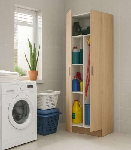 Esidra Dmora - 2 doors Multipurpose cabinet Charleston, Broom cabinet, Shoe rack with shelves, Shoe wardrobe, cm73x37h180 cm, Oak