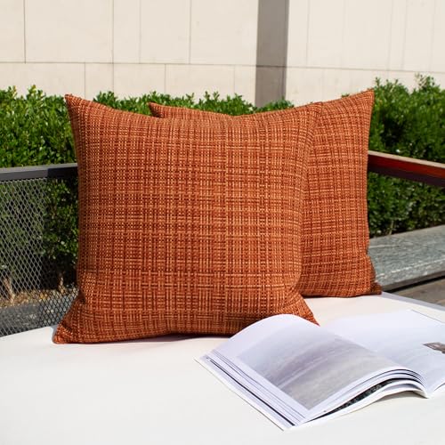 Kevin Textile Pack of 2 Decorative Outdoor Waterproof Throw Pillow Covers Stripe Square Pillowcases Modern Cushion Cases for Patio Couch Bench 20 x 20 Inch Burnt Orange