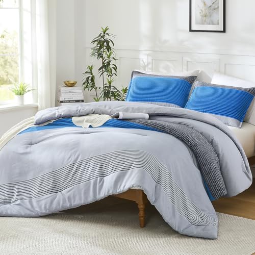 Litanika Blue King Size Comforter Set - 3 Pieces Stripe Bed Set - Fluffy Lightweight Soft Colorblock Down Alternative All Season Bed Set