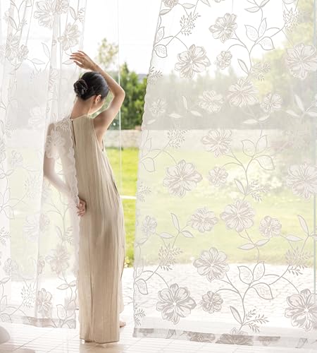 "White Lace Sheer Curtains 63inch Rose Knitted Net Curtains with Vintage Floral Embroidered for Living Room Bedroom Window Privacy Country Chic Retro Leaf Semi Sheer Drapes Rod Pocket 54""W 2Panels"