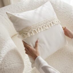 ROOM99 Luana 45 x 45 cm Decorative Cushion Cover Throw Cushion Cover Decorative Aesthetic Modern Bedroom Living Room Boho Cotton with Fringes Ecru