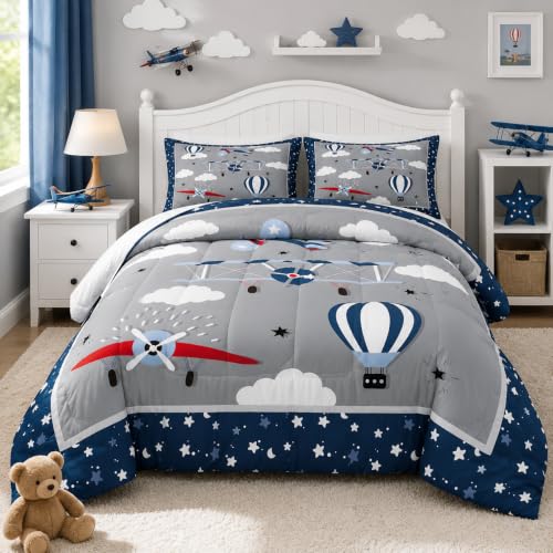 Kids Cartoon Airplane Bedding Set Full Size Navy Stripes Hot Air Balloon Aircraft Comforter Set 3Pcs Boys Teens Room Decor Cloud Starry Moon Quilt Set Chic Grey Duvet Insert,2 Pillowcases