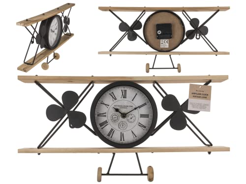 Out of the blue Vintage Look Black Metal and Wood Airplane Clock 47 x 24.5 x 4.5 cm