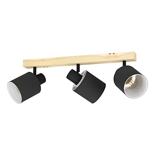 Eglo Ceiling Light Batallas, 3 Light Scandi Look Lighting Made of Wood and Fabric, Natural Living Room and Bedroom lamp with Black and White spotlights, E27 Socket