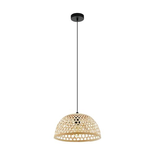 EGLO Claverdon Pendant Light, 1-Bulb Pendant Lamp, Vintage, Natural, Boho, Hygge, Pendant Light Made of Steel, Wood in Black, Natural Colours, Dining Table Lamp, Living Room Lamp Hanging with E27