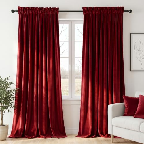 Dchola Wine Red Velvet Curtains for Bedroom Window, Super Soft Vintage Luxury Heavy Drapes, Room Darkening Rod Pocket Curtain for Living Room, W52 by L63 inches, 2 Panels