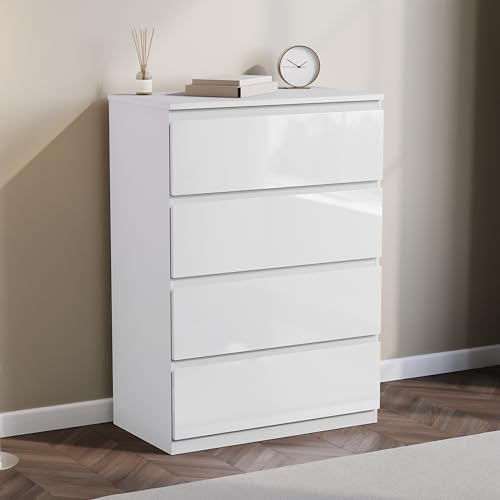 Vida Designs Glinton 4 Drawer Chest of Drawers - White - 95.5H x 70W x 40D cm - Stylish High-Gloss - Space-Saving Storage - Smooth Metal Runner - Easy Assembly - Modern Bedroom Furniture Unit