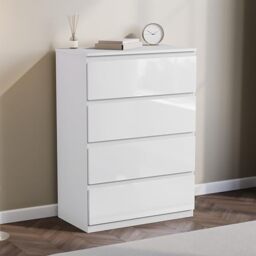 Vida Designs Glinton 4 Drawer Chest of Drawers - White - 95.5H x 70W x 40D cm - Stylish High-Gloss - Space-Saving Storage - Smooth Metal Runner - Easy Assembly - Modern Bedroom Furniture Unit