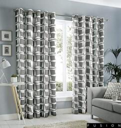 "Fusion - Capella - 100% Cotton Pair of Eyelet Curtains - 66"" Width x 90"" Drop (168 x 229cm) in Grey"