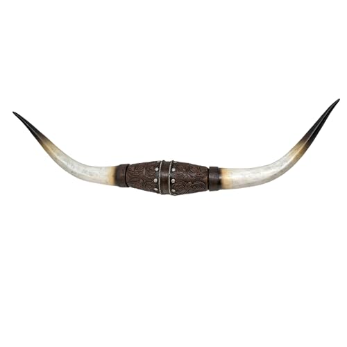 Faux Bull Longhorn Skull Wall Decor – Resin Sculpture with Tooled Leather-Style Floral Design – Rustic Steer Horns Wall Art for Western, Southwestern, Native American Decor – Great Gift Idea