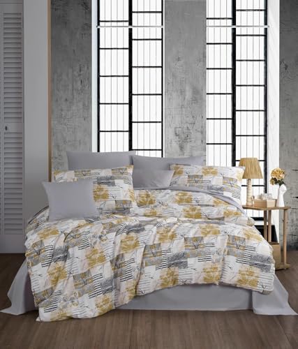 Nuit Des Rêves Premium Ranforce Double Quilt Cover Set (200 x 200 cm), 100% Cotton, Grey/White/Yellow, Includes 2 Pillowcases (80 x 80 cm), Machine Washable at 40°C
