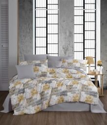 Nuit Des Rêves Premium Ranforce Double Quilt Cover Set (200 x 200 cm), 100% Cotton, Grey/White/Yellow, Includes 2 Pillowcases (80 x 80 cm), Machine Washable at 40°C
