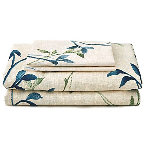 KOMFOR 4 Piece Bed Sheets Set Queen Floral Leaves Hotel Luxury Bedding Sheet - 1 Flat Sheet 1 Fitted Sheet 2 Pillowcases Double Brushed Microfiber Hypoallergenic Deep Fitted Bedding Sheet Set Beige