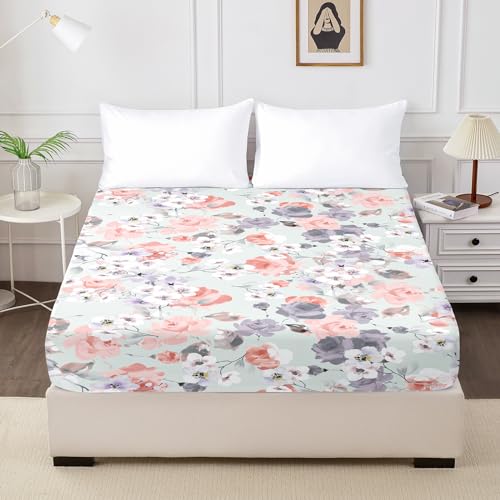 HCORA Floral Fitted Sheet Only, 100% Brushed Microfibre Deep Pocket Fitted Bottom Sheet, Ultra Soft, Shrinkage and Fade Resistant, King Size