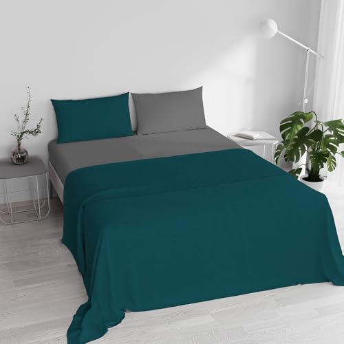 Double Bed Sheet Set, 100% Natural Cotton, Made in Italy – Complete Bed Set, Fitted Sheet, Top Sheet 240 x 300 cm and Pillowcases with Inner Flap, Petrol Green/Dark Grey