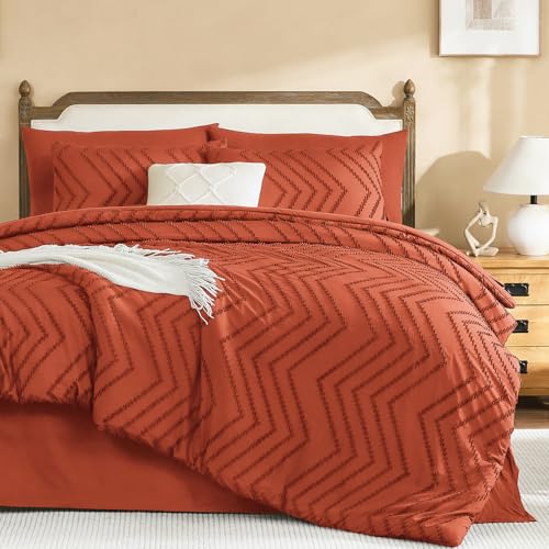 Litanika Super King Plus Comforter with Sheets, 7 Pieces Boho Bed Set - Burnt Orange Oversized Alaskan King Fluffy Lightweight Neutral Soft Warm Chevron Tufted Textured Bed Set