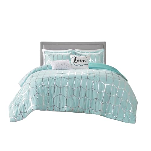 Intelligent Design Raina Comforter Set King/Cal King Size - Aqua Silver, Geometric – 5 Piece Bed Sets – Ultra Soft Microfiber Teen Bedding For Girls Bedroom