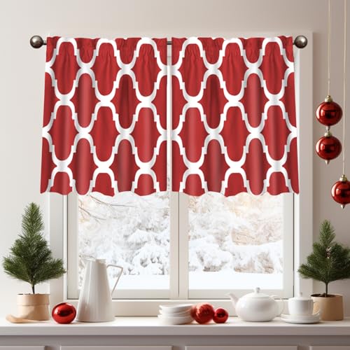 Melodieux Set of 2 Moroccan Fashion Tier Curtains for Kitchen,Geometric Lattice Rod Pocket Curtains for Cafe Bathroom Small Windows,45 Inch Length,Red