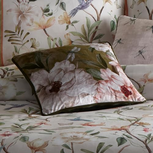 Appletree Velvet Cushion – Green Floral & Dragonfly Reversible Design – 43 x 43cm Soft Touch Decorative Pillow with Filling – Piped Edge Cushion for Sofa, Bed & Home Decor – Matching Bedding Available