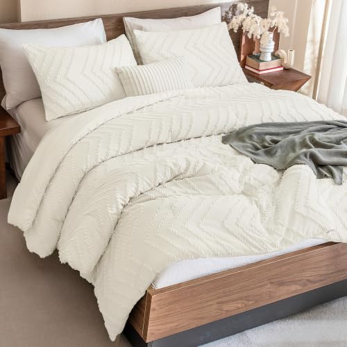 Andency Ivory Comforter Set Full Size, 3 Pieces Soft Bedding Set - Boho Warm Bedding Comforter Sets for Full Size Bed Set, Aesthetic Chevron Farmhouse Cute Bohemian Textured Bedding Set
