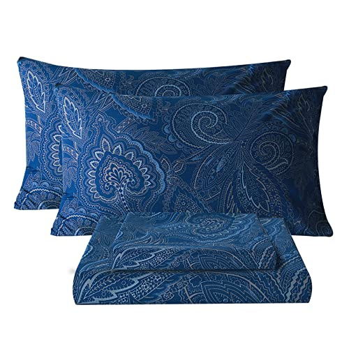 Bedlifes California King Sheet Set Ultra Soft, Breathable, Silky Flower Deep Pocket 100% Microfiber Bedding, 4 Piece Cal King Size Paisley Dark Navy Blue