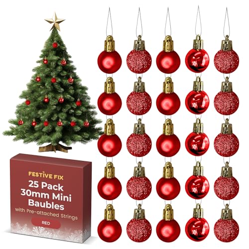 Festive Fix 25 Red Mini Christmas Baubles – Shatterproof, Lightweight Small Tree Decorations for Xmas, Home, Party & Festive Displays