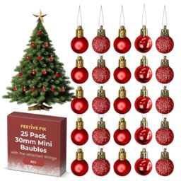 Festive Fix 25 Red Mini Christmas Baubles – Shatterproof, Lightweight Small Tree Decorations for Xmas, Home, Party & Festive Displays