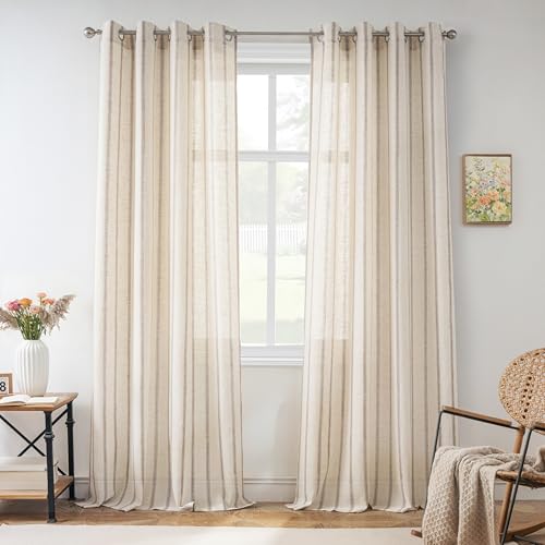 DriftAway Farmhouse Vertical Striped Linen Blend Textured Light Filtering Semi Sheer Curtains for Living Room Bedroom 84 Inches Long Drapes 2 Panels