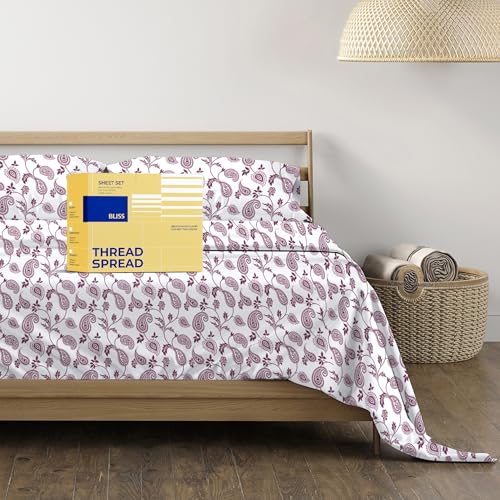 THREAD SPREAD 100% Cotton Printed Bed Sheets - 600 TC 4 Pc Paisley Printed King Sheet Set - Hotel Luxury Sateen Weave Bedsheets - Deep Pockets - Soft, Breathable & Cooling Sheets for King Size Bed