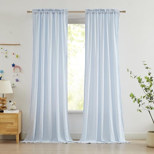 "ZJDECOR 84 Inches Blue White Buffalo Plaid Rustic Curtains for Living Room - Crinkled Not-See-Through Sheer Drapes,Window Treatment for Bedroom Nursery,Rod Pocket,Tiebacks Included,52""Wx84""L(Pack of 2)"