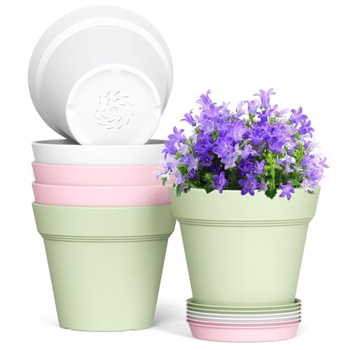 WSMKSZ 5 Inch Plastic Plant Pots with Drainage Holes and Trays ??? 6 Pack Small Nursery Pots for Indoor & Outdoor House Plants and Flowers, Seedling Starter Planters, Colorful