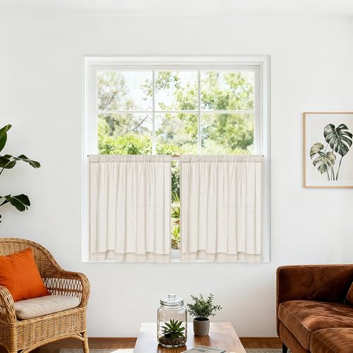 DUKIYO Natural Semi Sheer Linen Kitchen Curtains 36 Inch Length 2 Panels - Short Curtains for Bathroom Laundry Room Cafe RV Campers Half Windows Rod Pocket Farmhouse Drapes 25x36 Inches