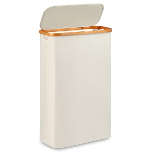 Merkisa Slim Laundry Basket,Tall laundry Hamper with Lid,60L Hamper for Laundry,Dirty Cloth Hamper with Bamboo Handle for Toys,Towels, Clothes Organizing,Beige