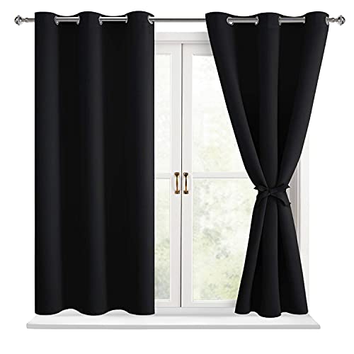 Hiasan Short Blackout Curtains for Bedroom - Light Blocking & Noise Reducing Window Curtains for Living Room, 2 Drape Panels Sewn with Tiebacks, Black, 38 x 45 Inch