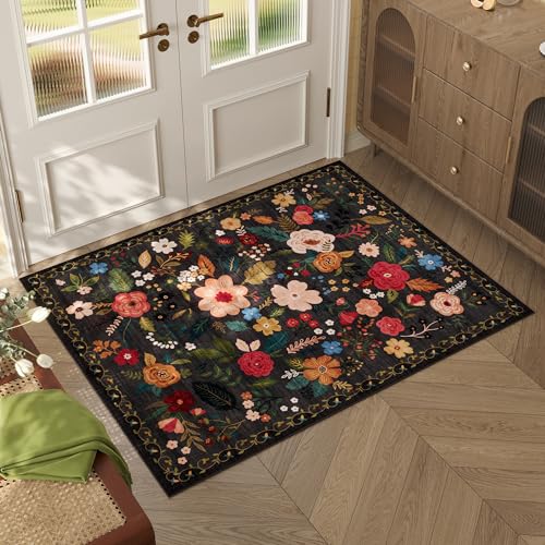 Rugcomf Door Mat Indoor Entrance 2x3 Rug Machine Washable Boho Floral Small Area Rug Non-Slip Low Pile Throw Rugs for Entryway, Kitchen, Front Door Indoor Entrance, Entry, Kids Room (Black)