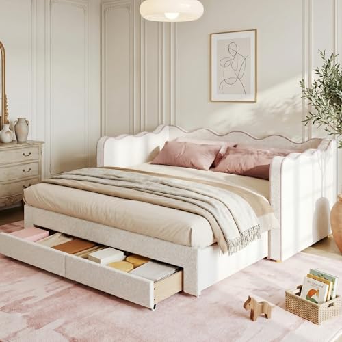 Ball & Cast Daybed Sofa Bed with Pull-Out Trundle, Upholstered Single Bed 90 x 190 cm Extends to 180 cm, with 2 Storage Drawers, USB Charging Port & Padded Side Panels, Bouclé, Beige+Pink
