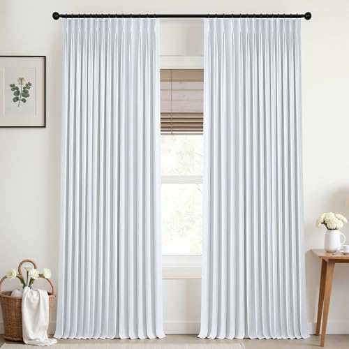 Mrs.Naturall Pinch Pleated Drapes White Linen Blackout Curtains 108 Inches Long,Pleat Black Out Curtain 2 Panels Set