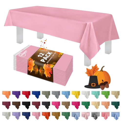 Grandipity 12 Pack Premium Disposable Plastic Tablecloth 54 Inch. x 108 Inch. Decorative Rectangle Table Cover - Pink