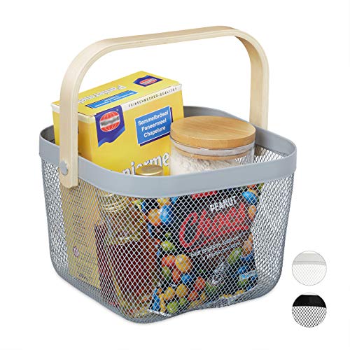 Relaxdays Storage Basket, with Handle, Clothes, Deco, Steel & Wood, Utensil Basket, HBT: 17.5 x 26 x 24.5 cm, Grey