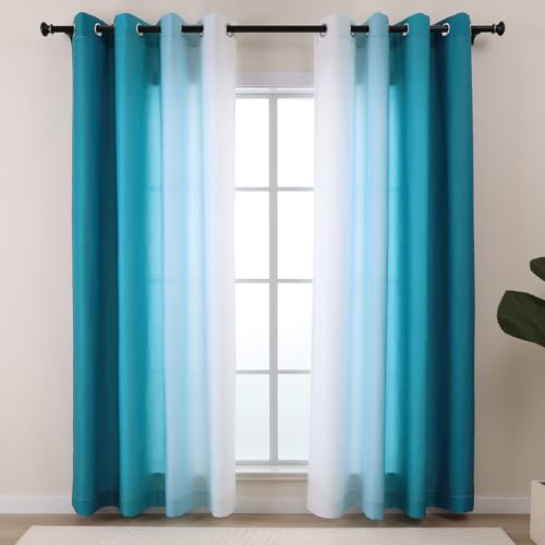 L.Z.E Teal and White Ombre Privacy Curtains 84 Inches Long 2 Panels Set Teal Green Light Filtering Non-See-Through Curtains & Drapes for Living Room Bedroom Nursery Grommet Top (LZE2219TL90)