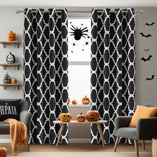 Melodieux - Moroccan Eyelet Curtains Blackout Blackout Curtains for Living Room Bedroom 52 x 96 Inch Black (Pack of 2)