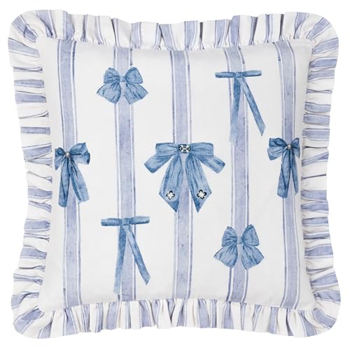 furn. Noortje Ruffle Bows Cushion Cover – Parisian Stripe Ruffle Trim Bow Decorative Cotton Case (Multicolour – 43x43cm)