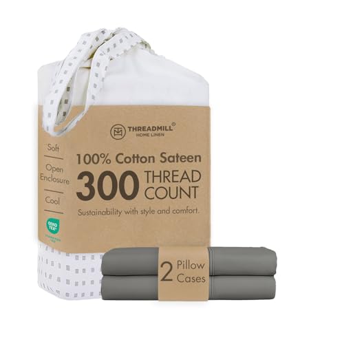Threadmill Home Linen 300 Thread Count 100% Long Staple Cotton Standard Pillowcases, Set of 2 Standard Pillowcases, Luxury Bedding, Smooth Sateen Weave, Standard Size, Elephant Grey