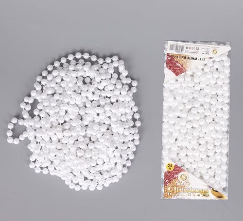 7.2m (24ft) White Shiny Christmas Bead Chain Metallic Xmas Beaded Garland Artificial Pearls Tinsel For Christmas Tree Hanging Decorations DIY Art & Crafts Jeweller