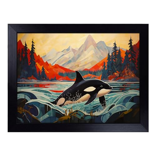 Lap Tray with Bean Bag Cushion, Orca Whale Art Deco - Handmade in the UK, Raised Wooden Edge, Padded Cushion, Heat-Resistant Wipe-Clean Surface, for Meals, Laptops and Crafts
