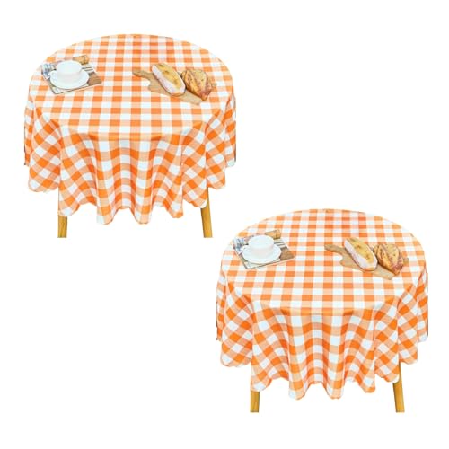 "MANGATA CASA Orange Gingham Round Tablecloth-2Pcs Checkered Table Cloth Waterproof Kitchen & Table Linens-Polyester Buffalo Plaid Wrinkle Free Table Cover(Pumpkin Yellow 60"" Round-2Pack)"