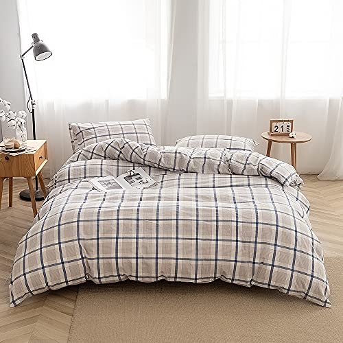 FACE TWO FACE Bedding Duvet Cover Set100% Washed Cotton Duvet Cover Linen Like Textured Breathable Durable Soft Comfy(Queen, Blue Grid)