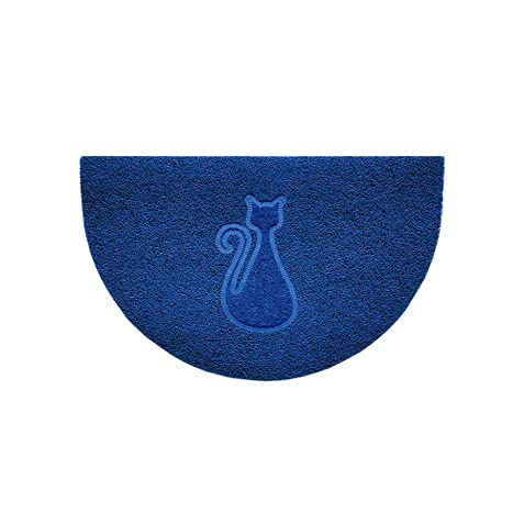 Nicoman Embossed Halfmoon Half Circle Door Mat Dirt-Trapper Jet-Washable Doormat 70x44cm (Blue, CAT Shape) - Use on Carpet ONLY