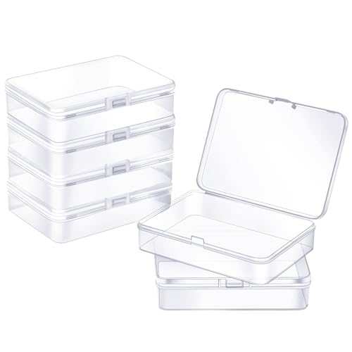 Mnixy 6pcs Clear Plastic Storage Containers with Hinged Lid Rectangle Small Plastic Boxes for Beads, Jewelry, Hardware,Game Pieces, Crafts Items, 4.5 x 3.3 x 1.1 Inch