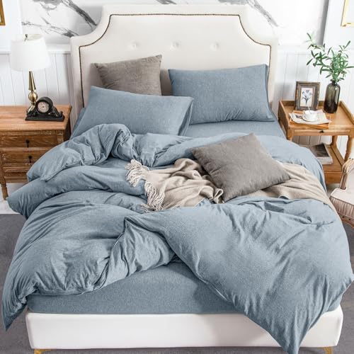 PURE ERA Jersey Knit Duvet Cover Set 100% T-Shirt Cotton Super Soft Comfy 2pc Bedding Set with Zipper Closure (Heather Blueish Grey, Twin)